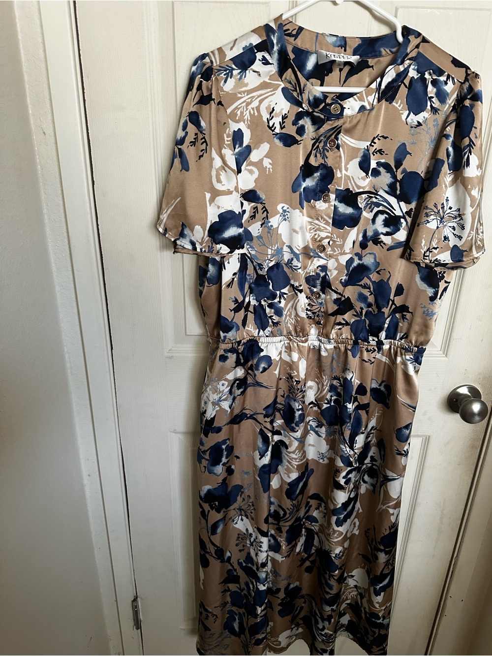 Kasper Beige Floral Midi Dress with Navy & White Print size XL
